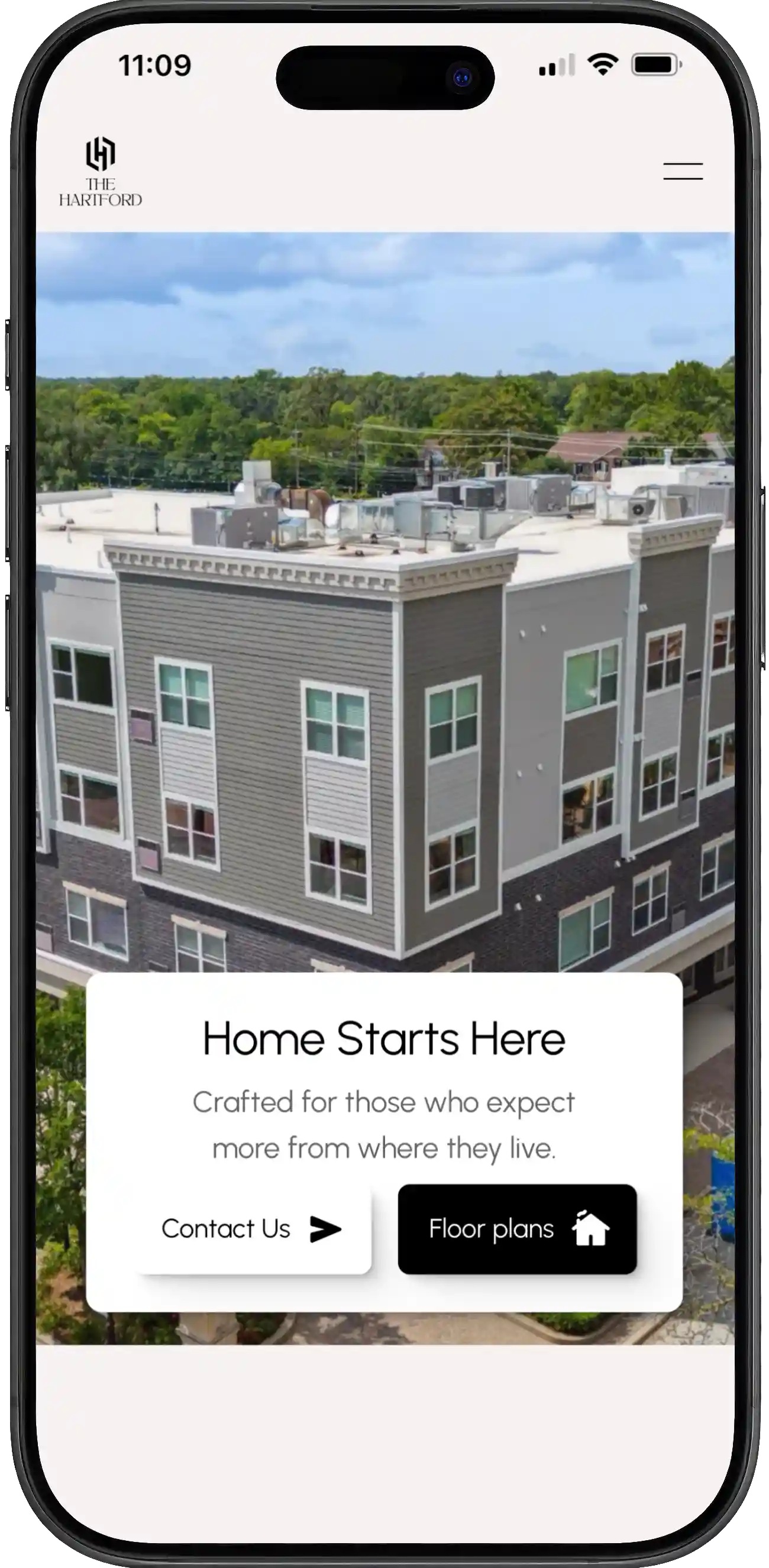 iPhone mockup of apartment website for The Hartford in Homewood IL – clean, modern real estate web design for mobile devices