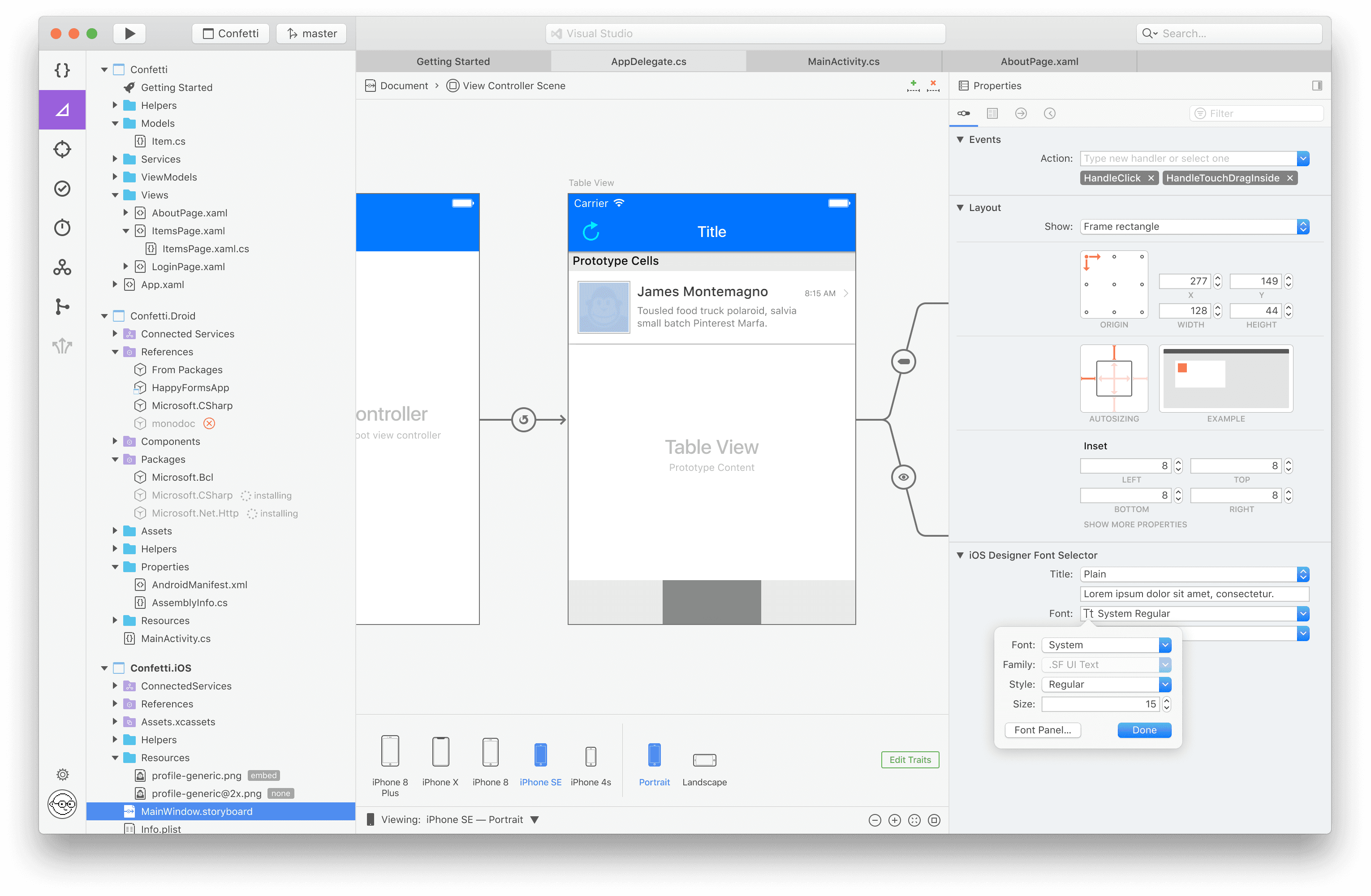 Integrated development environment interface for a mobile app project named Confetti, showing file explorer, app design preview, and layout properties panel.