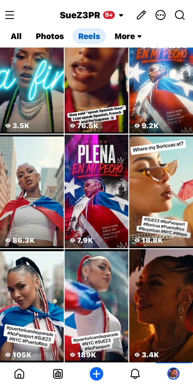 Original reel-grid snapshot with individual clips at approximately 189K, 105K, 86.3K, and 76.5K views. These are per-reel counts, separate from the account-wide totals below.