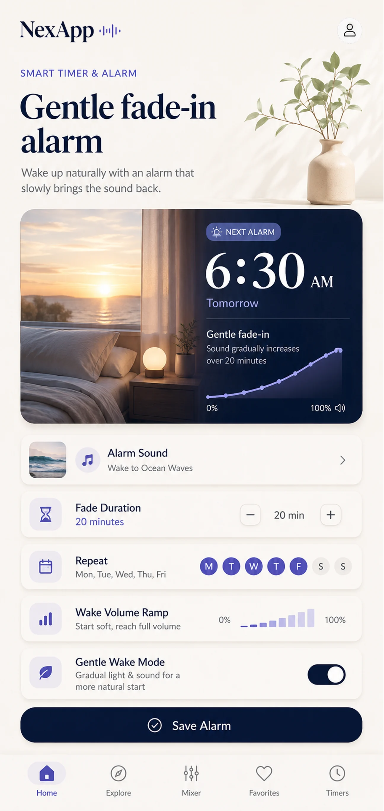 NexApp gentle alarm screen with fade-in wake settings, alarm sound, repeat days, and volume ramp controls.