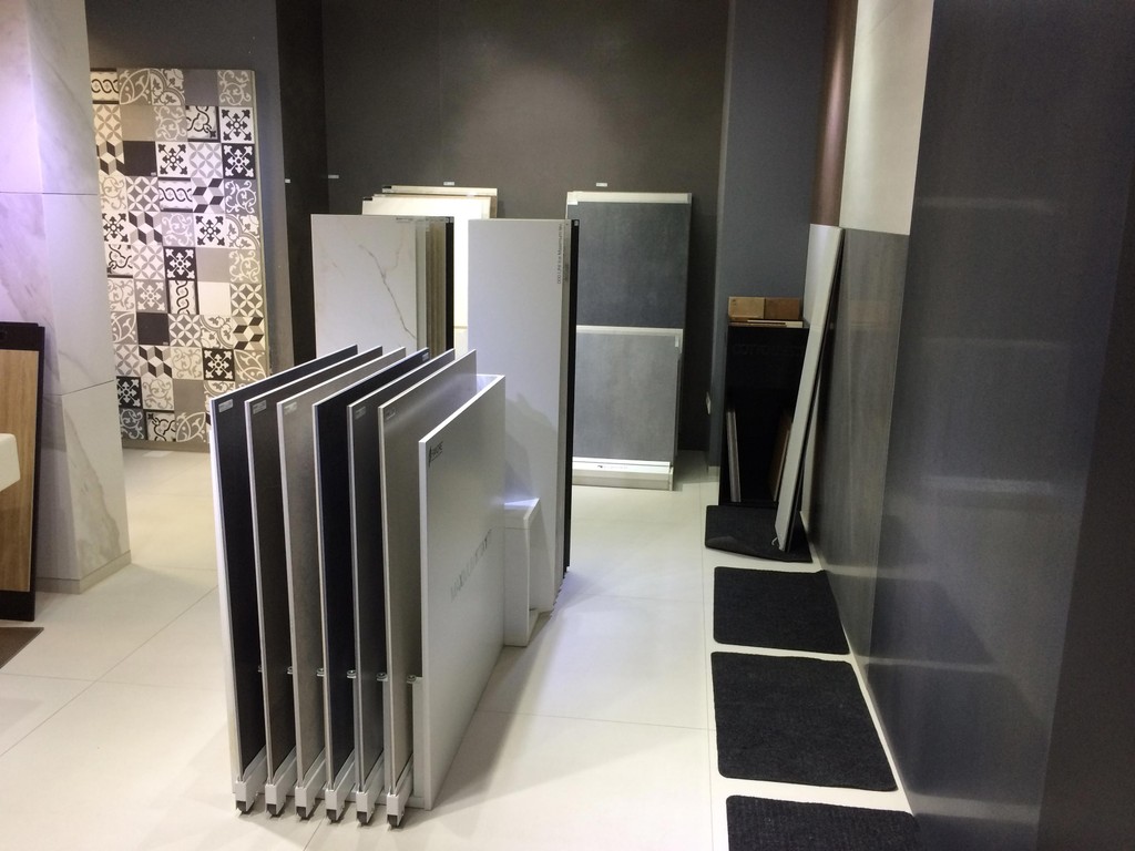 Large-format slabs displayed upright