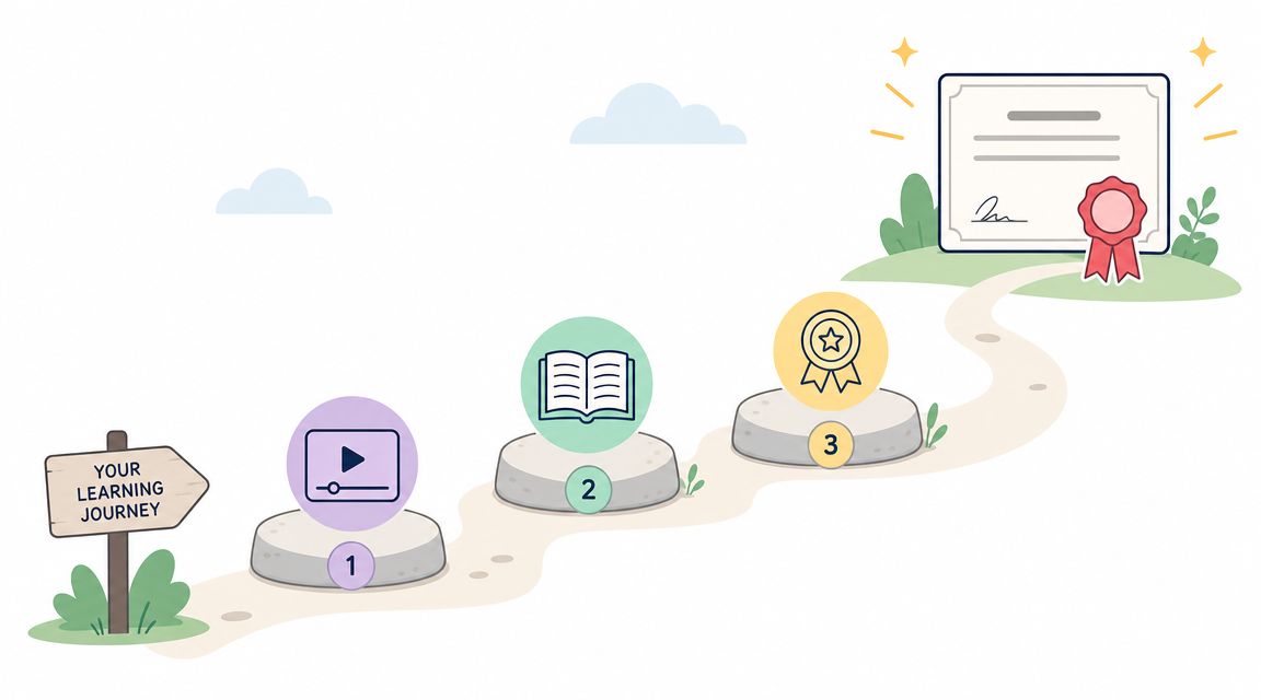 A path showing a three-step learning journey with icons leading to a professional training certificate.