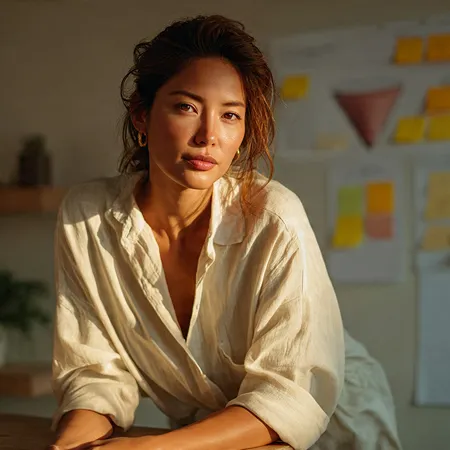A creative professional in a relaxed white linen shirt at a wooden desk, with a brainstorming wall of sticky notes behind her in warm evening light.