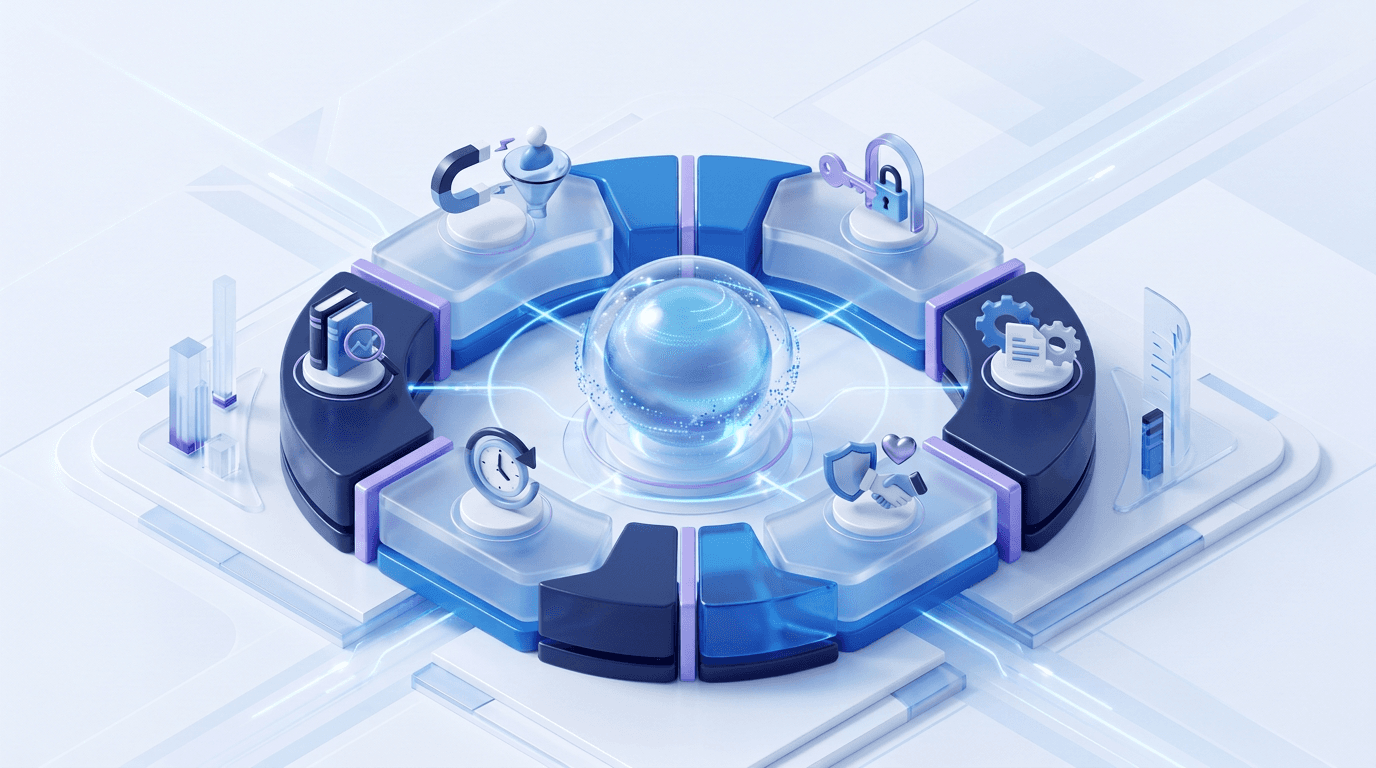 Illustration eines Customer-Lifecycle-Management-Frameworks für Banken mit vier Phasen