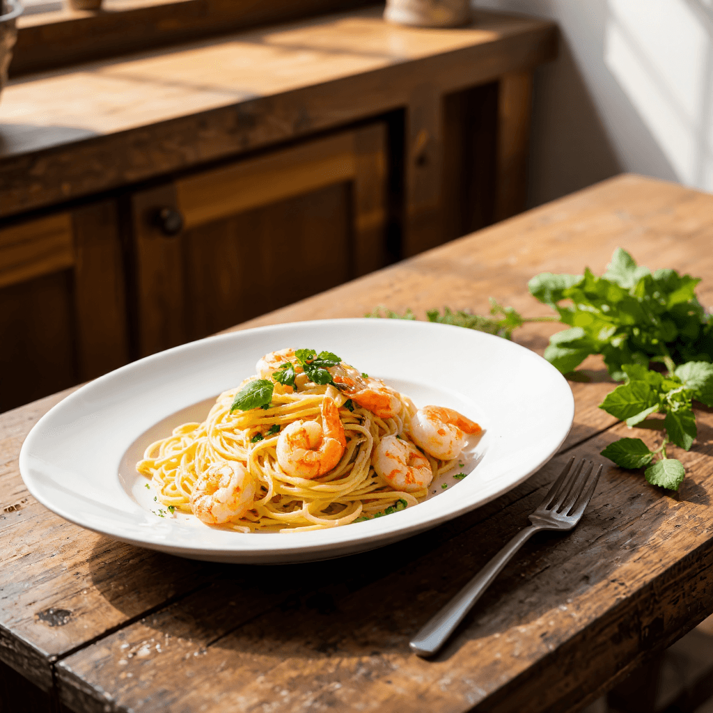 product photography of a plate of pasta with shrimp and herbs