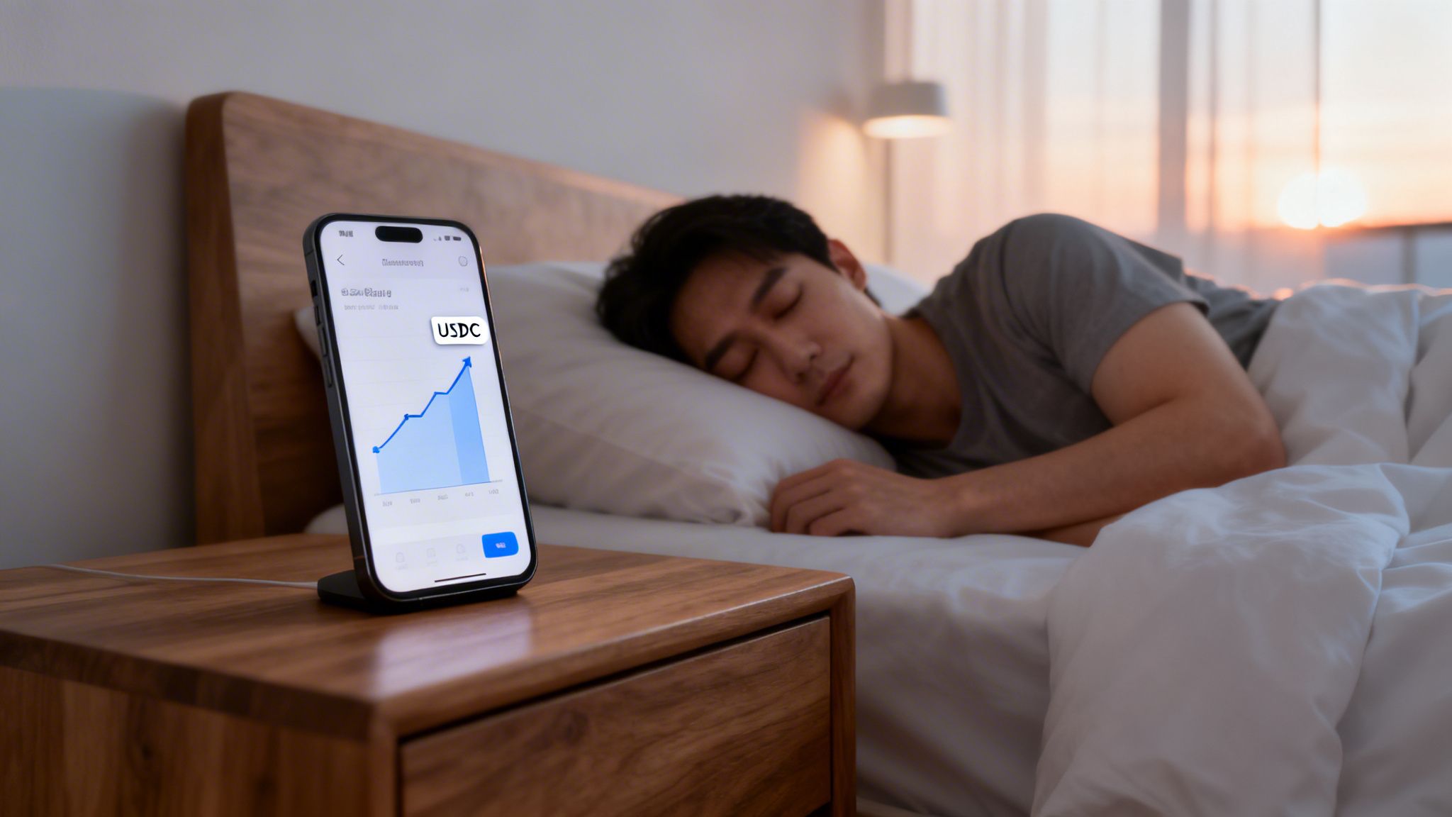 A man sleeps peacefully while his smartphone displays a rising USDC crypto chart on a nightstand.
