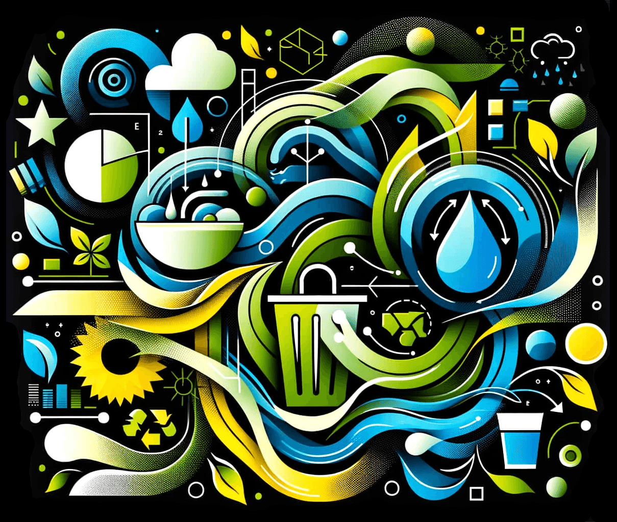 The image is a vibrant and dynamic illustration with a strong environmental theme. It features various elements representing nature, sustainability, and environmental conservation, such as:  Water Droplet: A prominent blue water droplet, symbolizing water conservation. Recycle Bin: A green recycling bin, emphasizing waste management and recycling. Leaves and Plants: Various leaves and plant motifs, indicating growth and the importance of vegetation. Sun: A yellow sun, representing solar energy and renewable energy sources. Clouds: White clouds, possibly indicating weather patterns or clean air. Arrows: Circular arrows, likely representing the concept of recycling and the cyclical nature of ecosystems. Buildings and Factories: Silhouettes of buildings and factories, highlighting the intersection of urban development and environmental responsibility. Flowing Lines: Green and blue flowing lines that create a sense of movement and interconnectedness, suggesting the flow of energy, water, and life through the ecosystem. Additional Elements: Other symbols like stars, cups, and abstract shapes that add to the overall theme of environmental sustainability and the interconnectedness of natural and human-made systems. The use of bold colors and dynamic shapes creates a sense of urgency and action, reinforcing the importance of environmental stewardship.