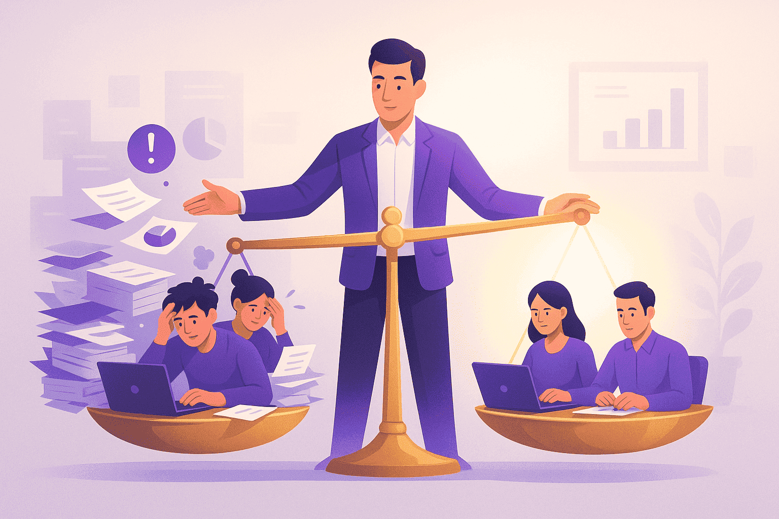 A digital illustration showing a leader balancing two scales—one side with stressed, overloaded workers and the other with calm, efficient employees—symbolizing effective workload management and sustainable productivity.