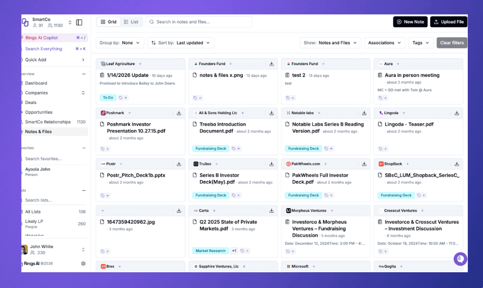 Notes and files persist beyond individual deals and ownership.