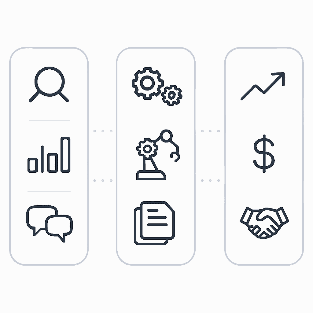 Three-pillar diagram summarizing monitoring, automation, and business impact criteria for GEO platforms