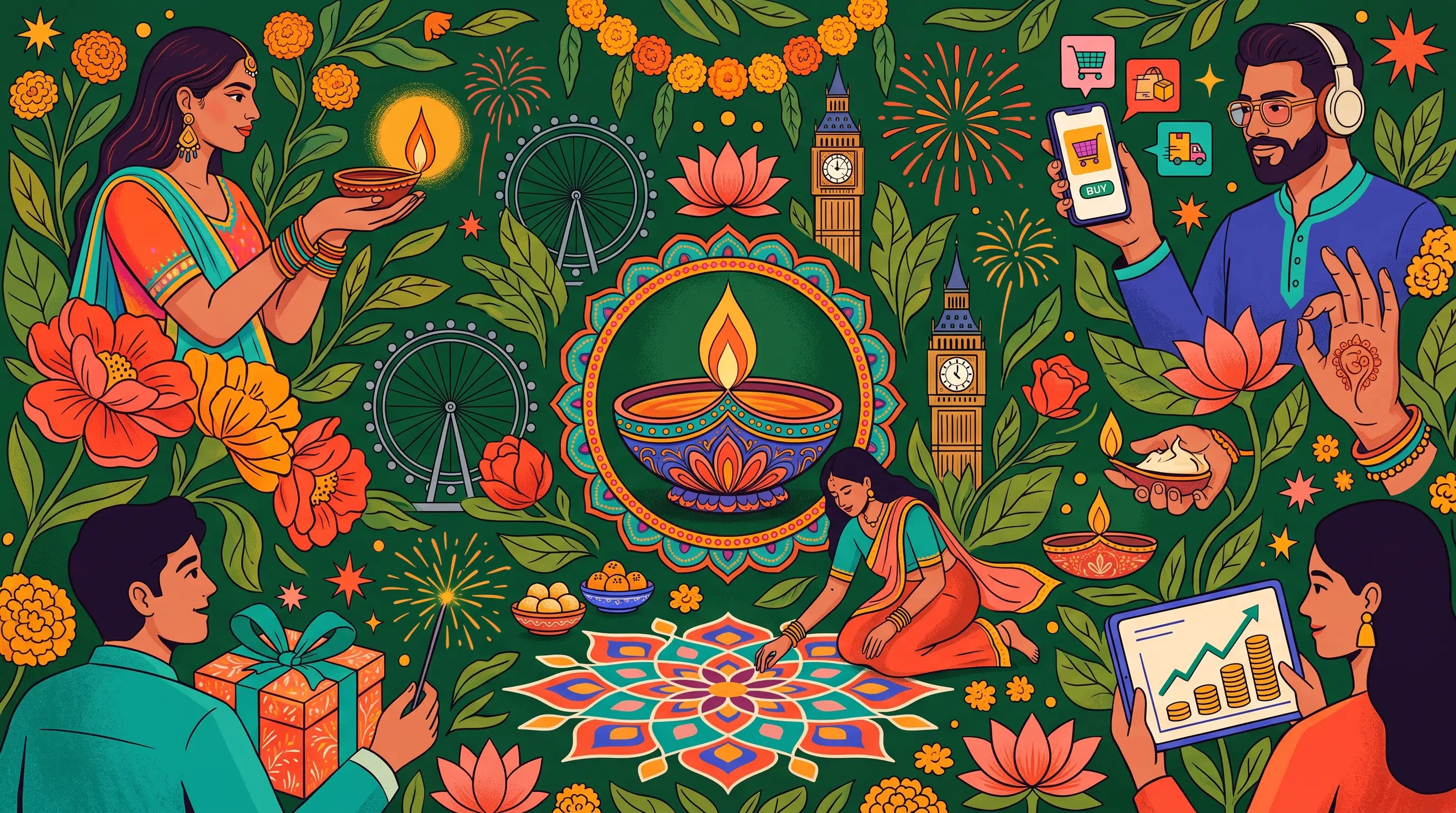 Diwali in London illustrated collage with diya rangoli marigolds Big Ben London Eye and e-commerce shopping icons