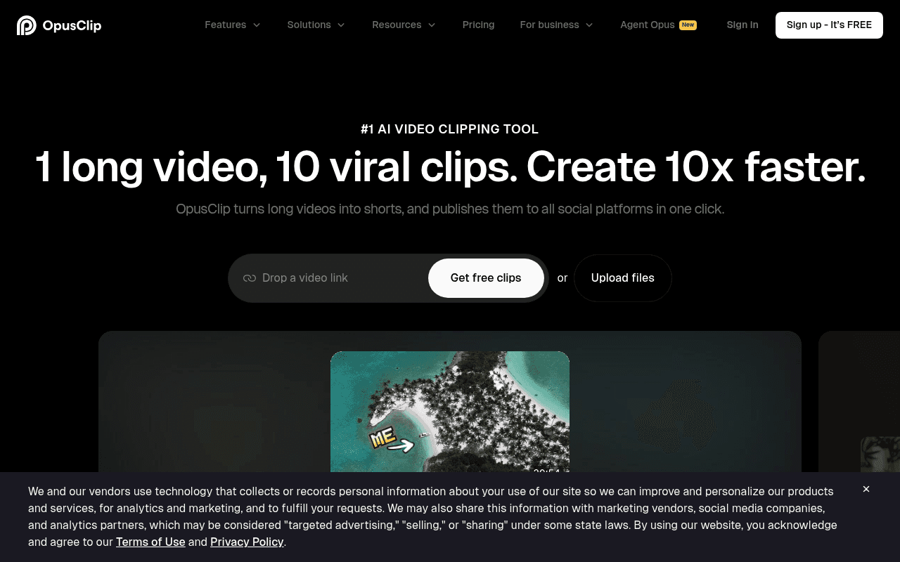 OpusClip homepage showing the drop a video link tool and get free clips button