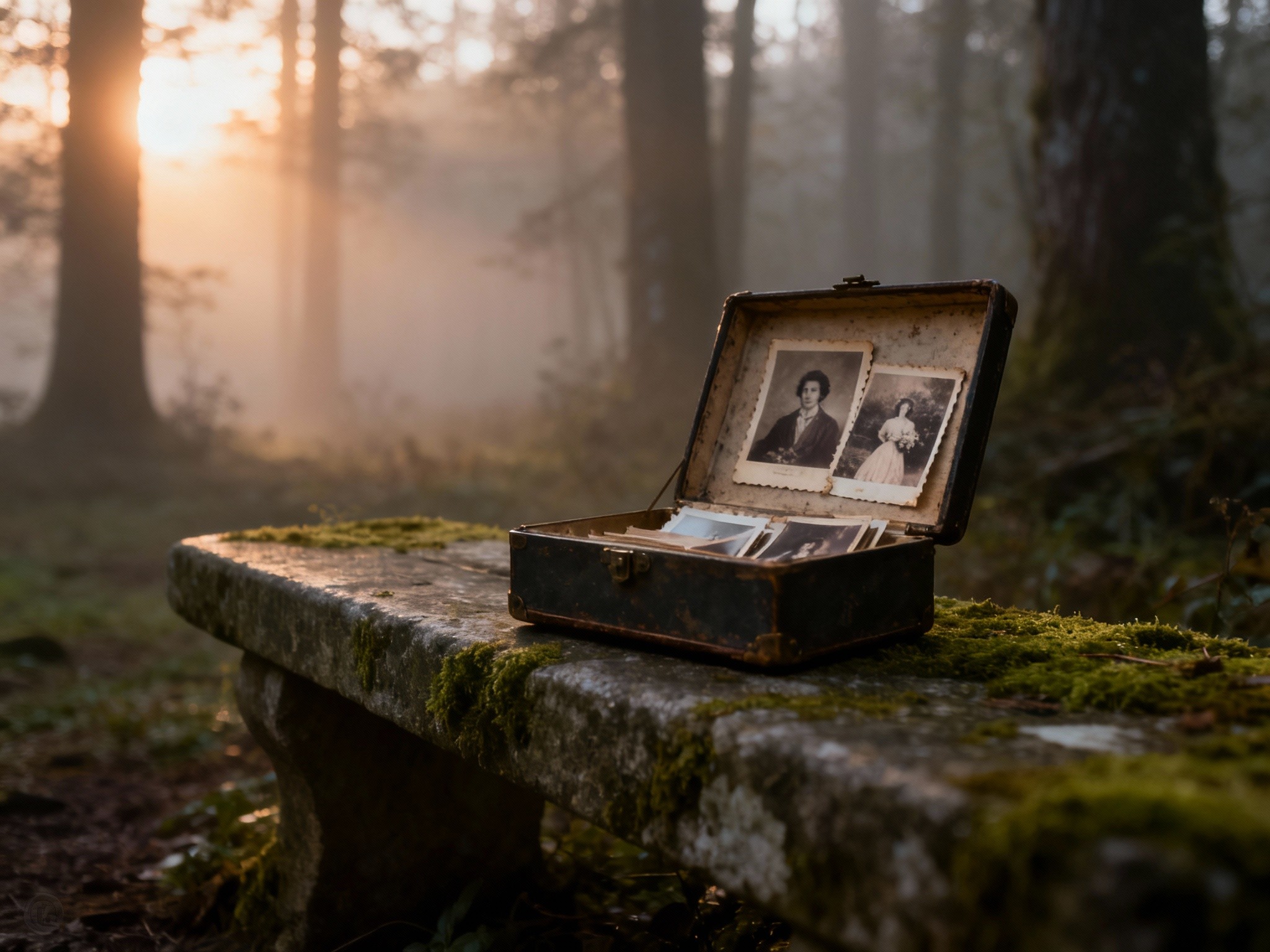 A close-up, low-angle photograph of a vintage photo box placed on a moss-covered stone bench in a