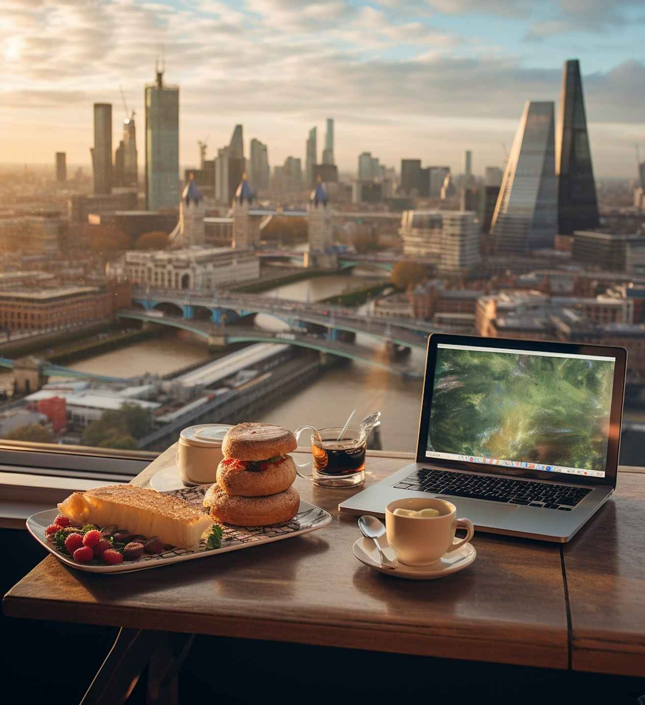 Breakfast coffee and a laptop on a desk looking out over London