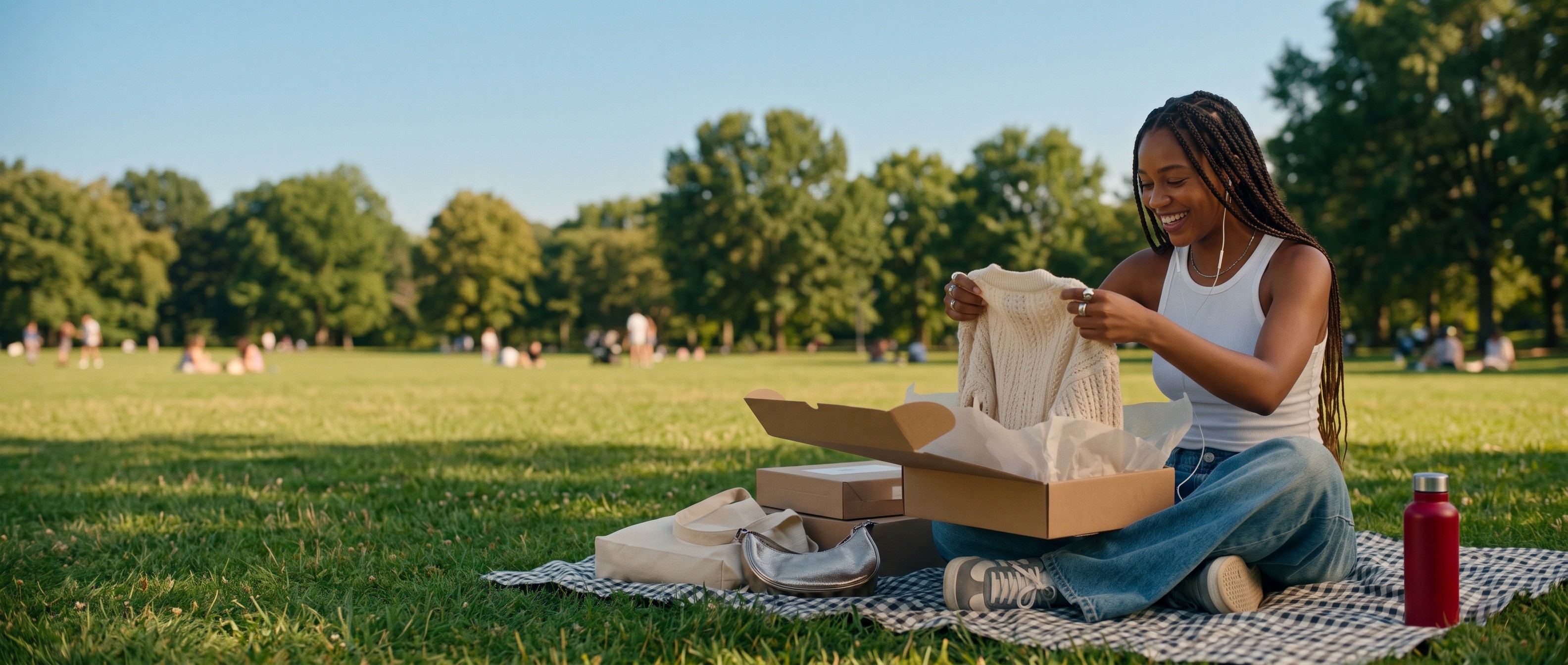 Unboxing a new cardigan from a delivery on a park picnic