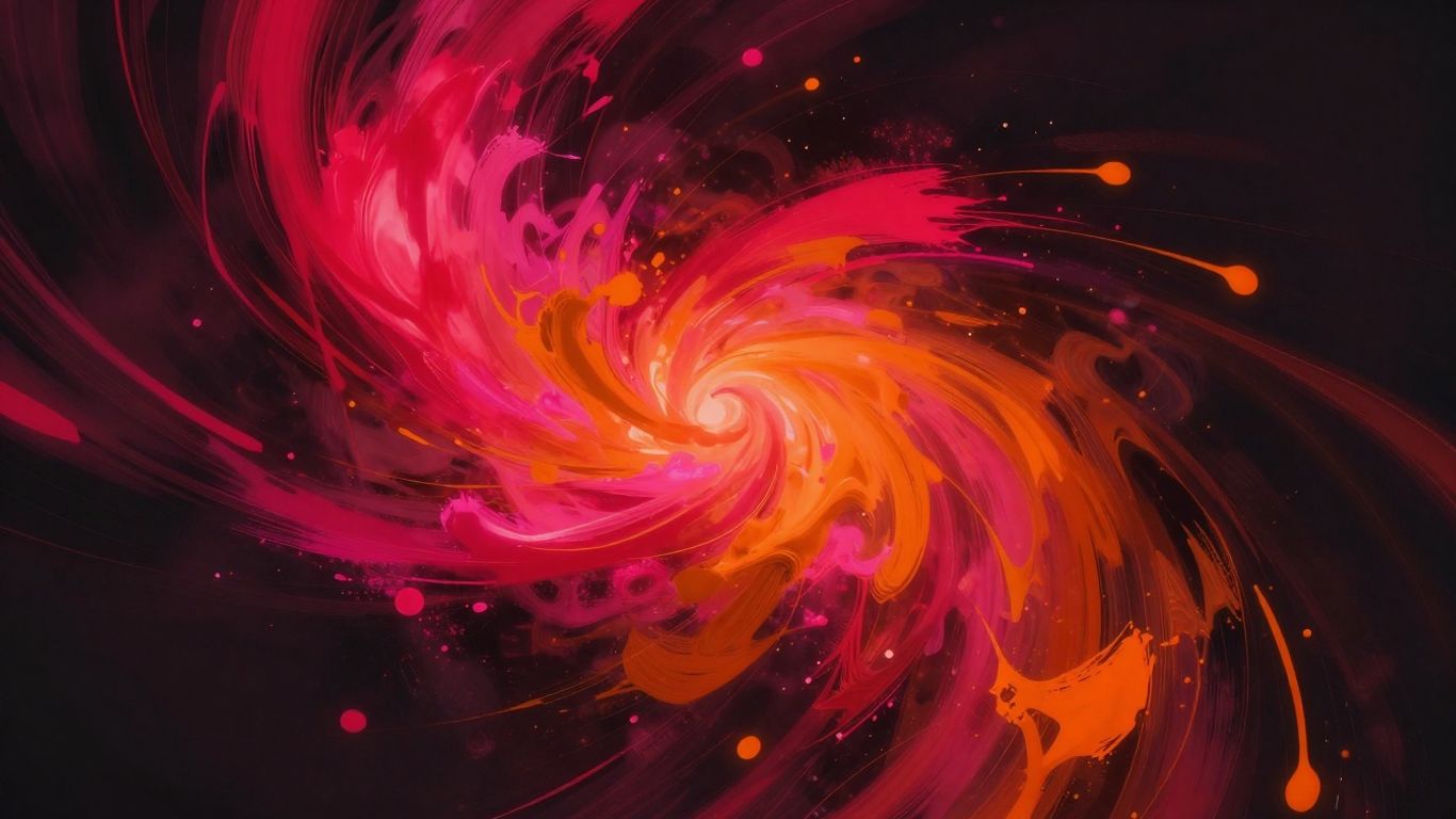 Crimson pink and orange abstract shapes on charcoal background.