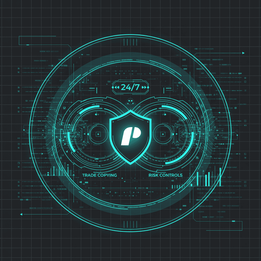 High-tech blueprint schematic showing Copygram's reliability infrastructure for 24/7 copying and risk control.