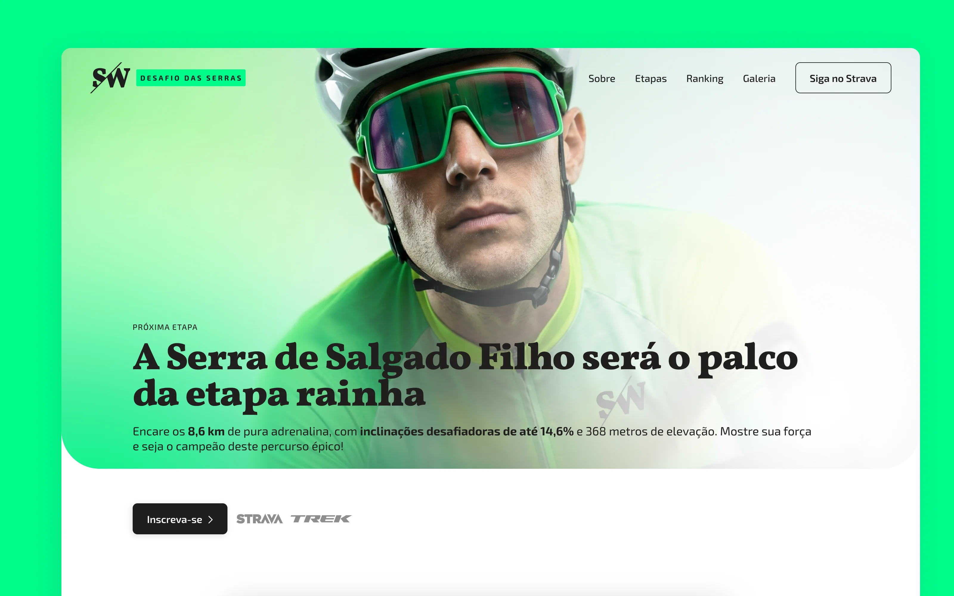 Website homepage for SW Desafio das Serras featuring event title, steep climb stats, call-to-action button, and photo of a cyclist.