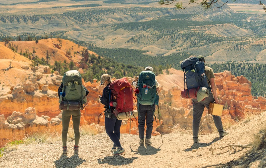 four hikers taking in the view of a desert valley