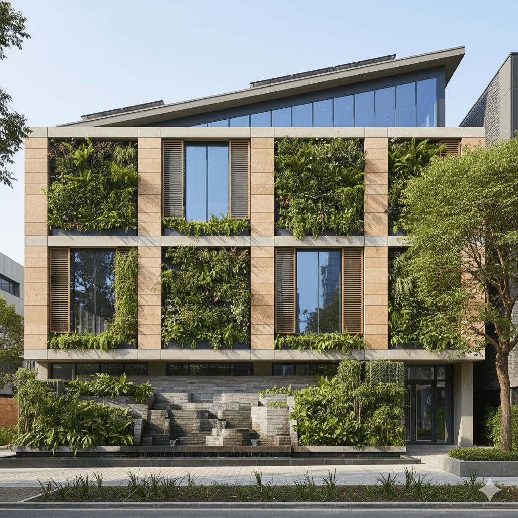 Sustainable office building with vertical green walls and stone facade in Gurugram