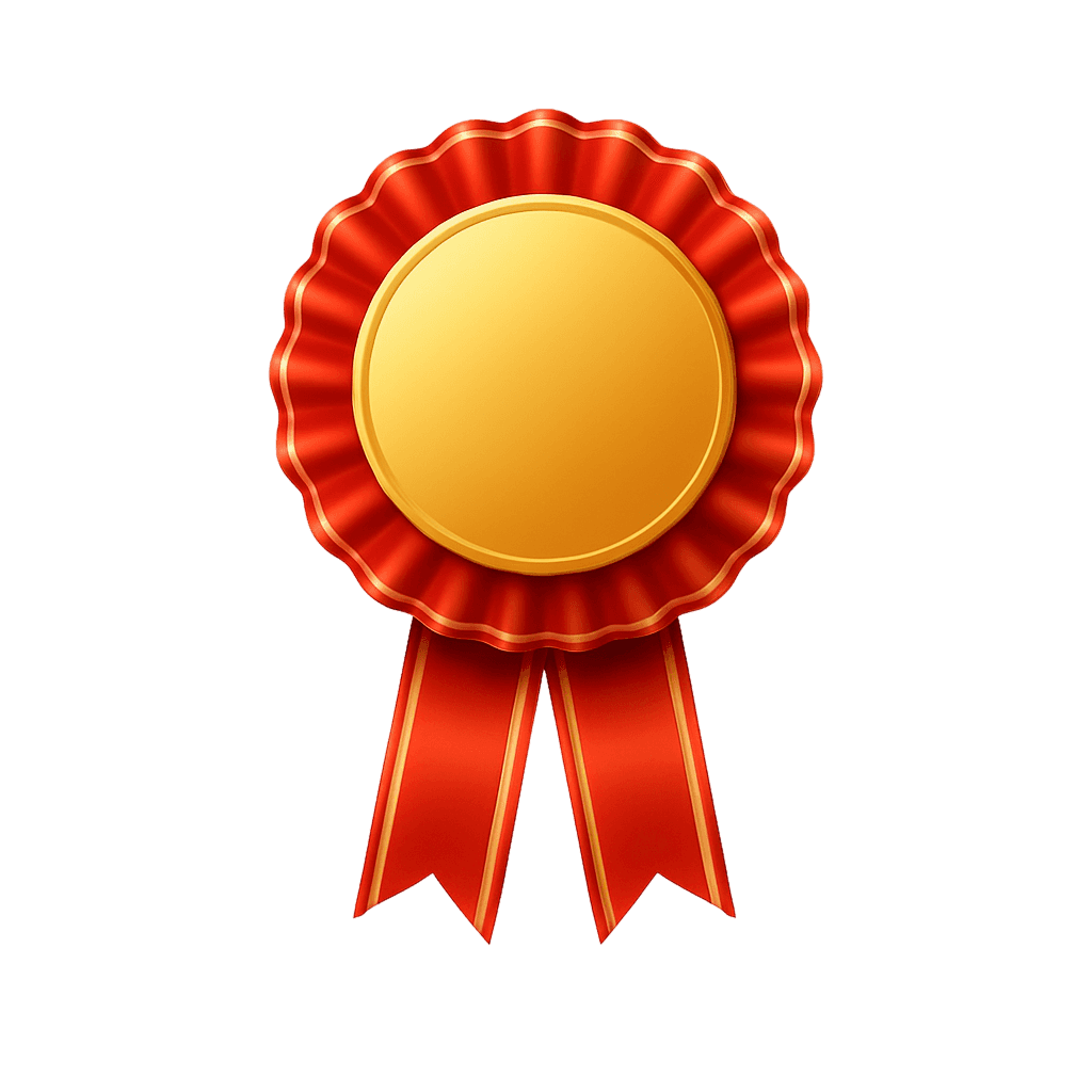 Gold medal with red ribbon.