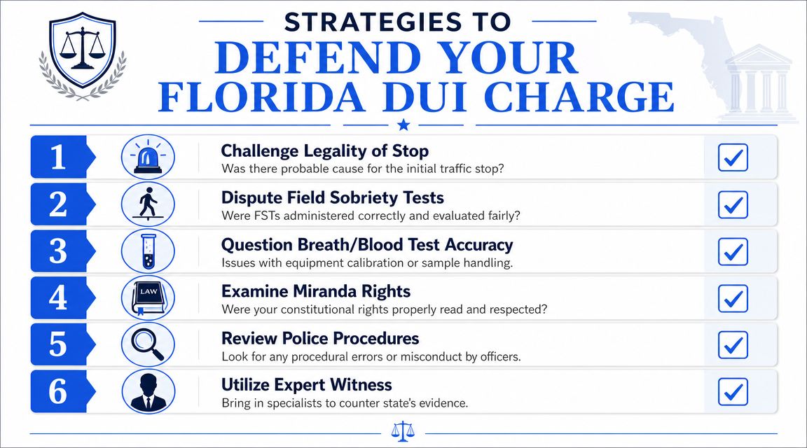 An infographic detailing six legal defense strategies for contesting a DUI charge in the state of Florida.
