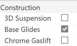 Instance options controlling the seat support frame and glides.