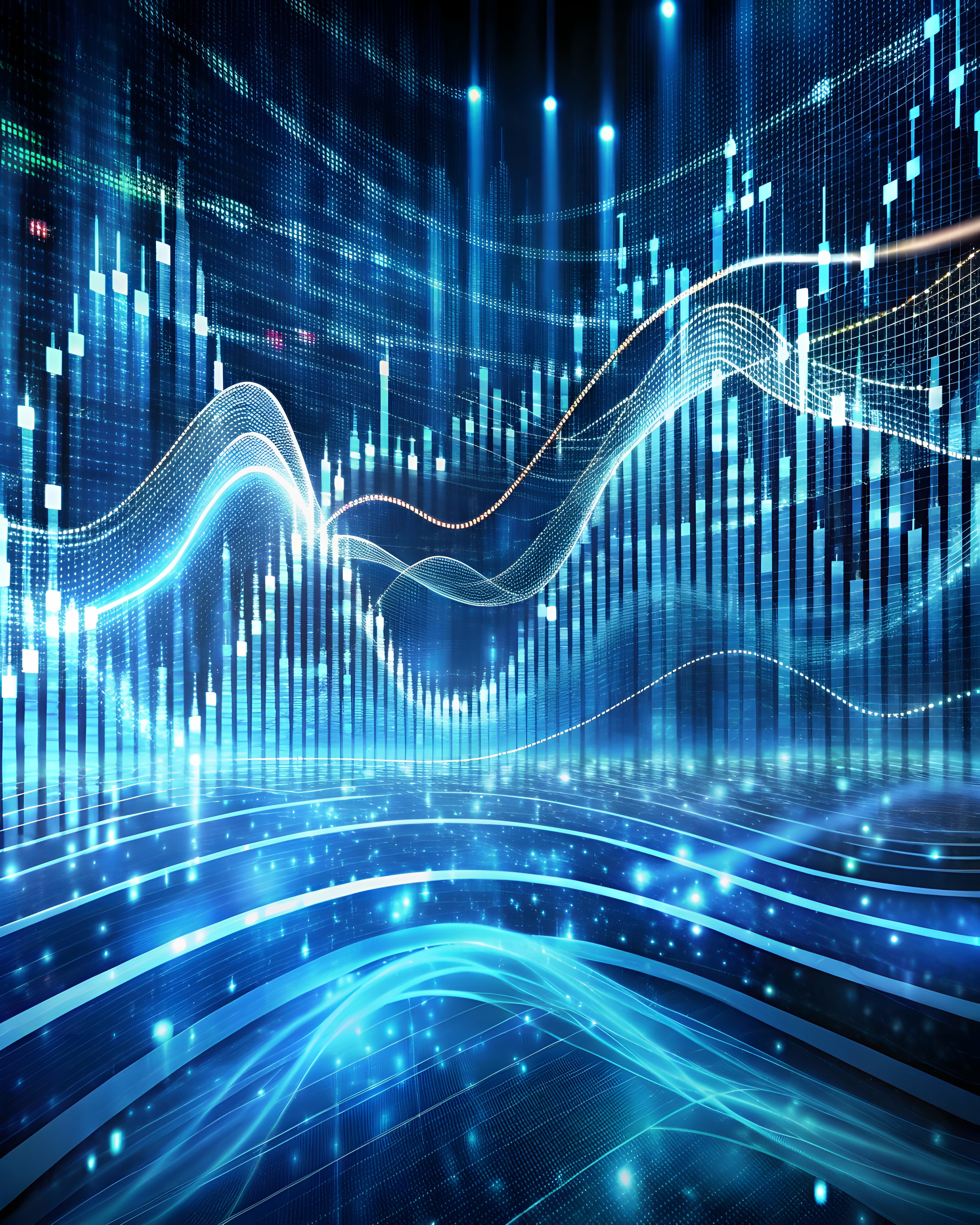  Abstract visualization of financial market data, showcasing dynamic graphs and glowing blue energy. Perfect for illustrating concepts of growth, technology.