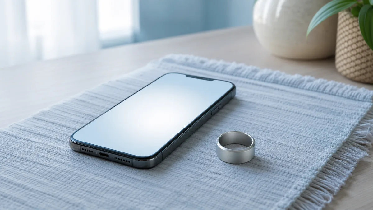 Blank-glow phone beside silver smart tasbih ring in cool morning light after reconnecting