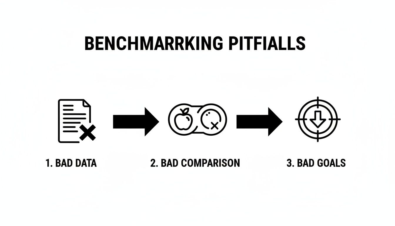 An infographic showing three common benchmarking pitfalls: bad data, bad comparison, and bad goals.