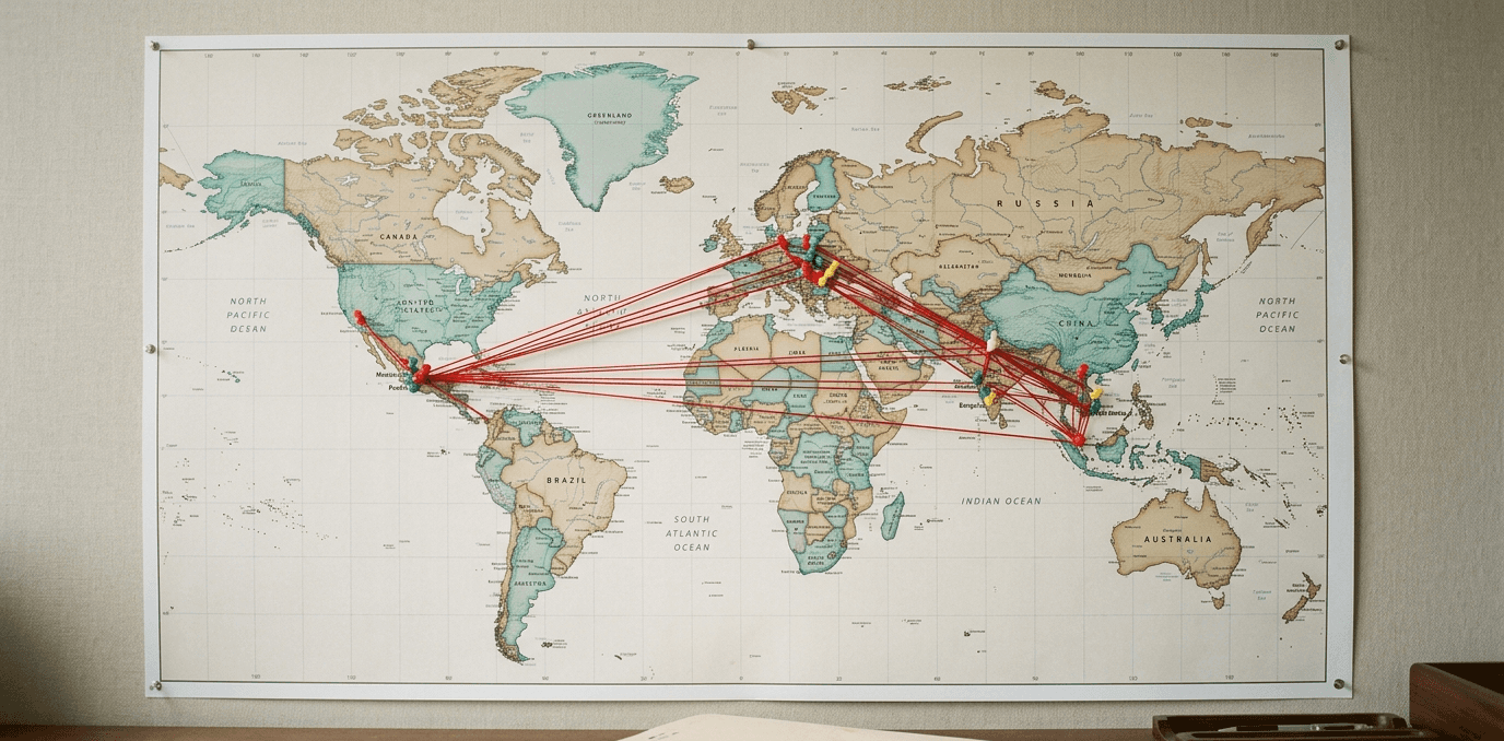 World map with red strings connecting nearshore manufacturing regions