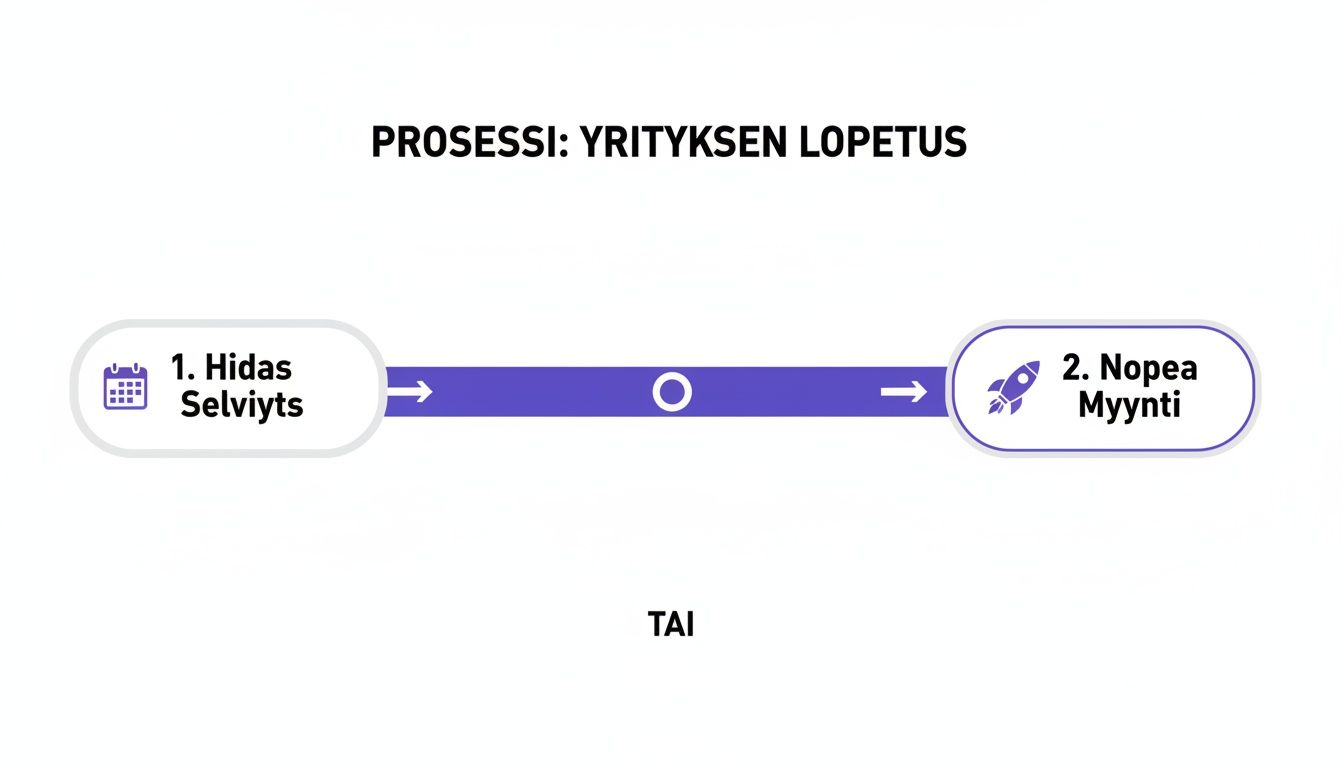 Kuvassa esitetään yrityksen lopetusprosessi, jossa on kaksi vaihtoehtoa: hidas selvitys tai nopea myynti.