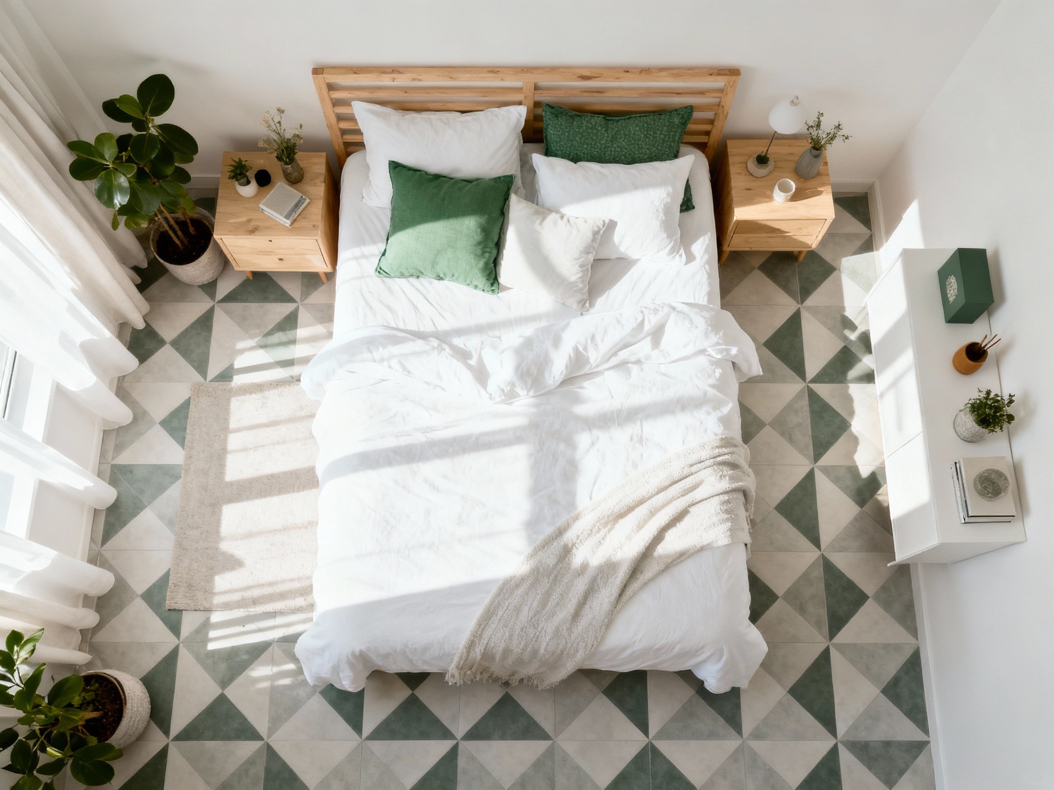 A bright and airy queen bed setup in a minimalist Scandinavian bedroom, shot in a format from an