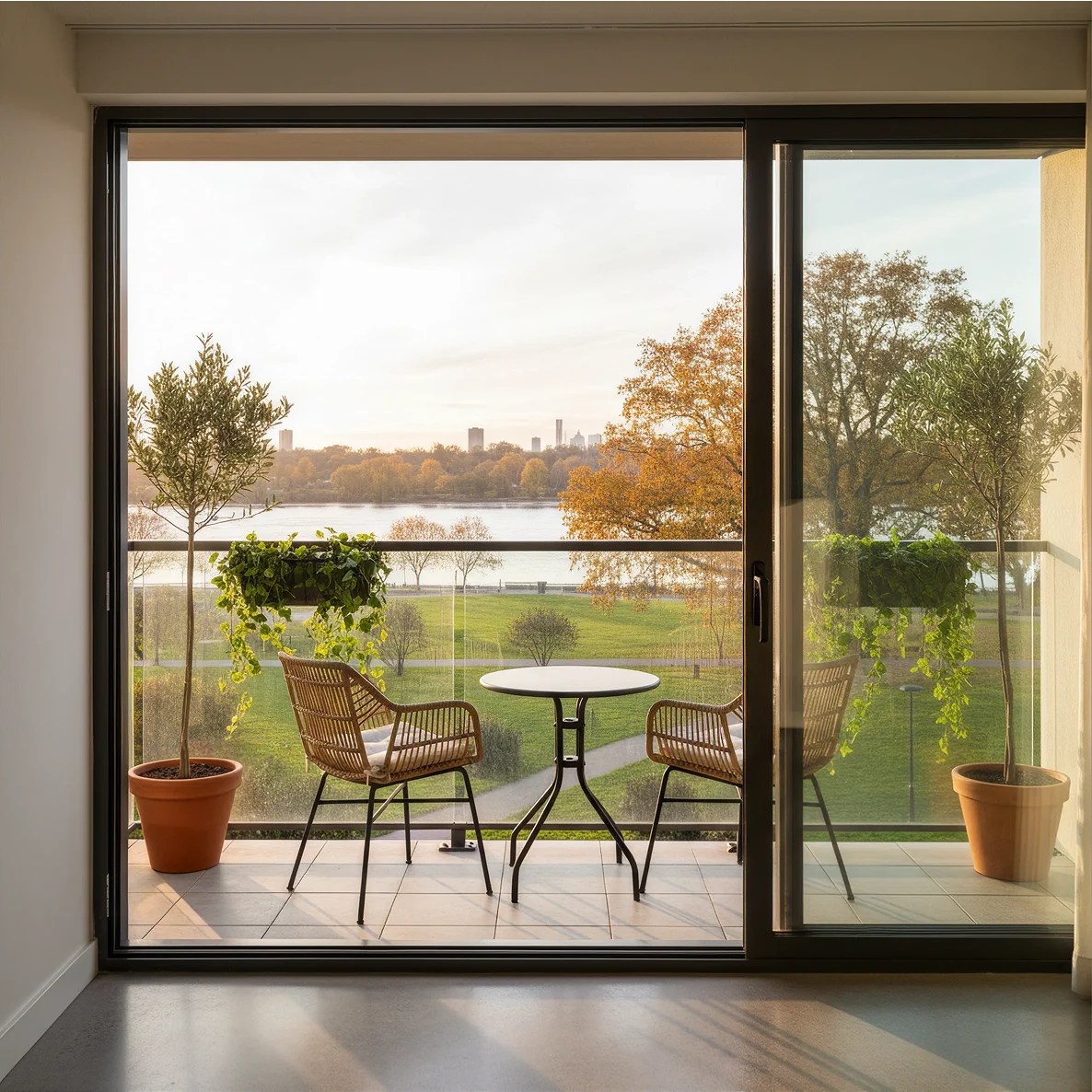 Furnished apartment balcony with two chairs and a small table overlooking a park and lake.