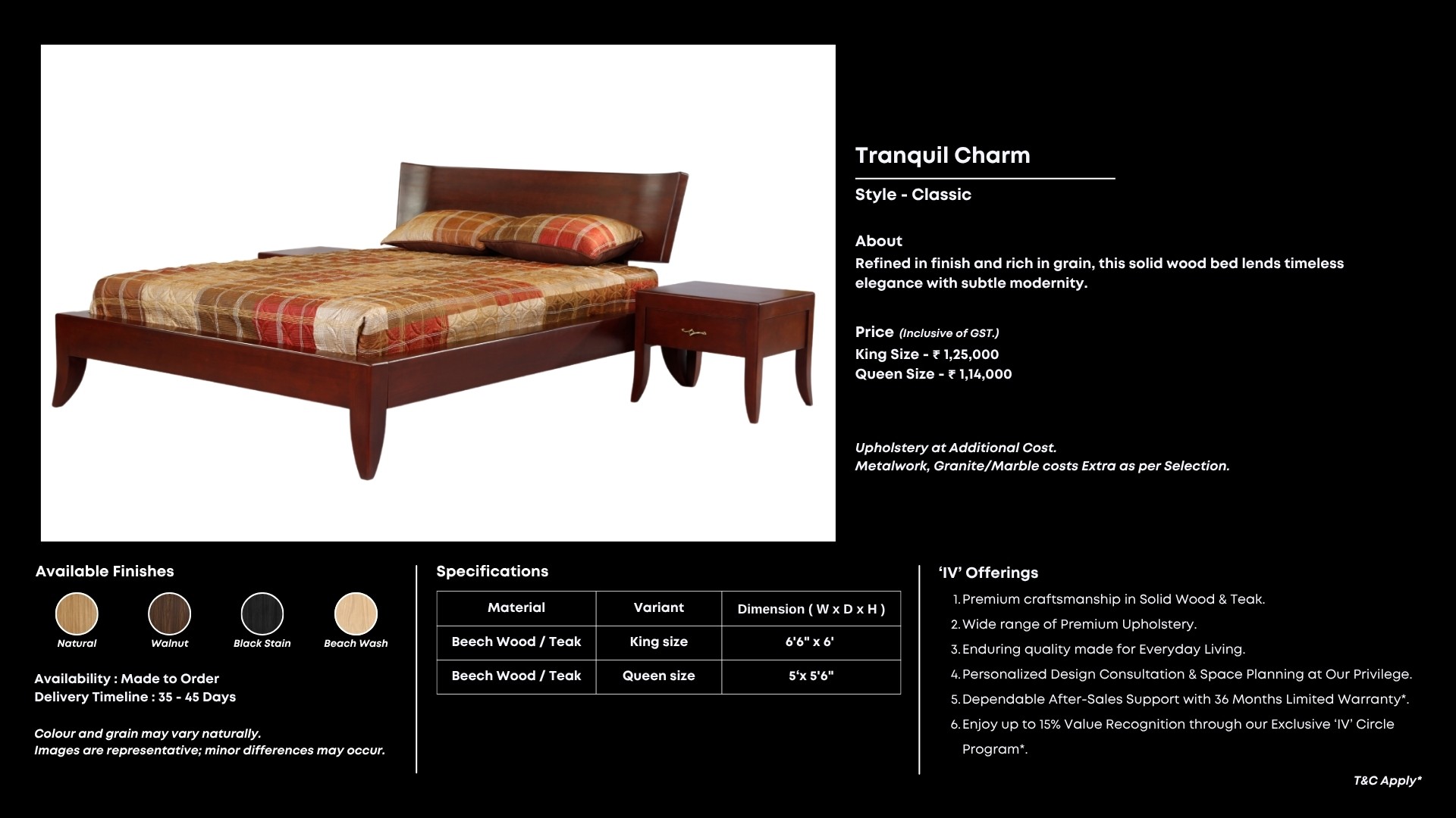 Walnut wood bed with sloped headboard for earthy elegance.