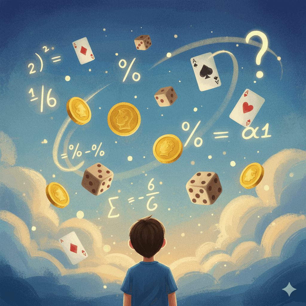 Jovem descobrindo matemática das probabilidades através de jogos de azar, dados e cartas com fórmulas de cálculo