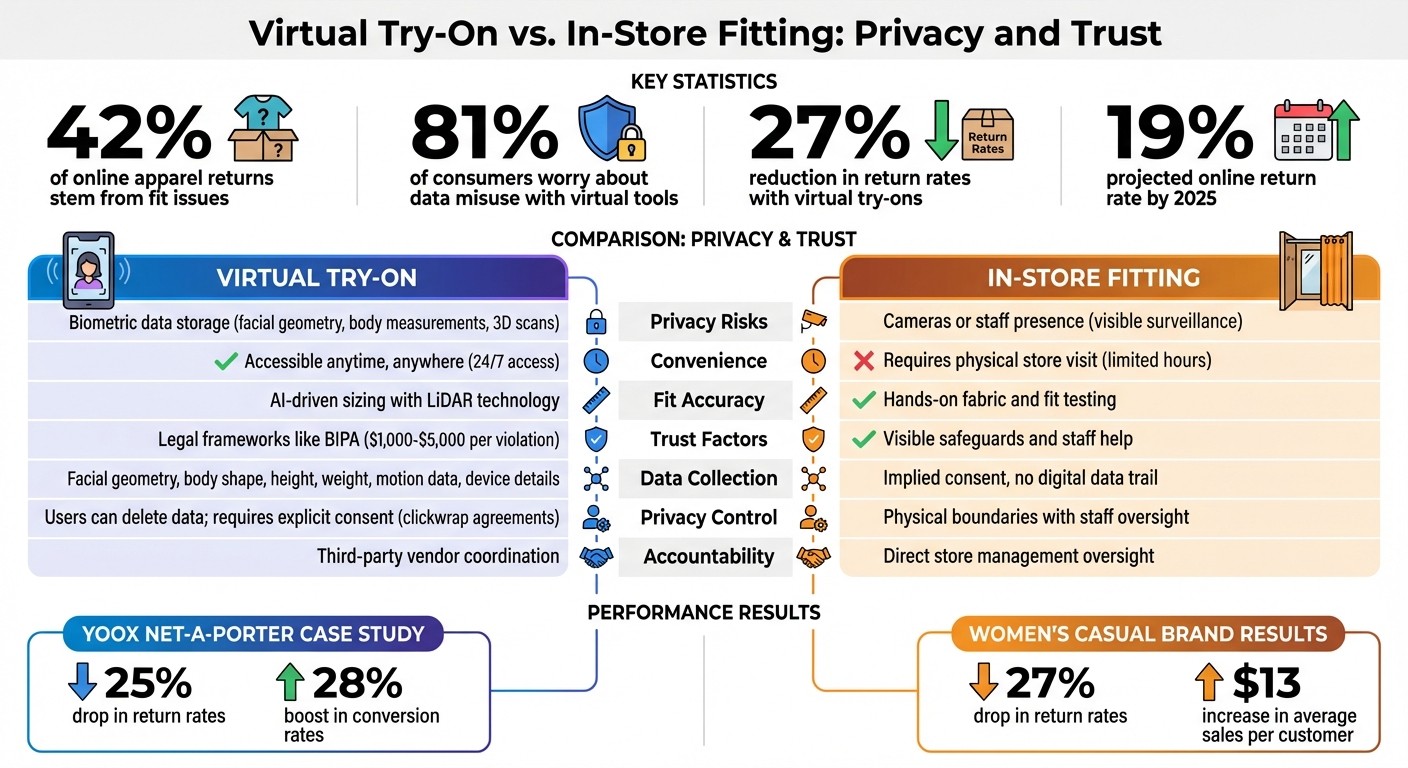Virtual Try-On vs In-Store Fitting: Privacy, Trust and Performance Comparison