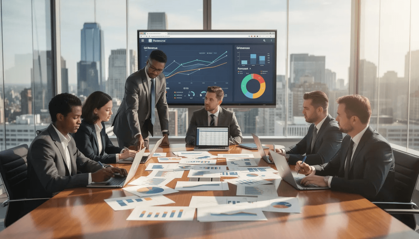 A group of business professionals is gathered in a conference room, intently analyzing financial documents and charts that highlight investment criteria for private equity. They discuss factors such as financial performance, market conditions, and operational improvement to assess potential portfolio companies and their growth potential.