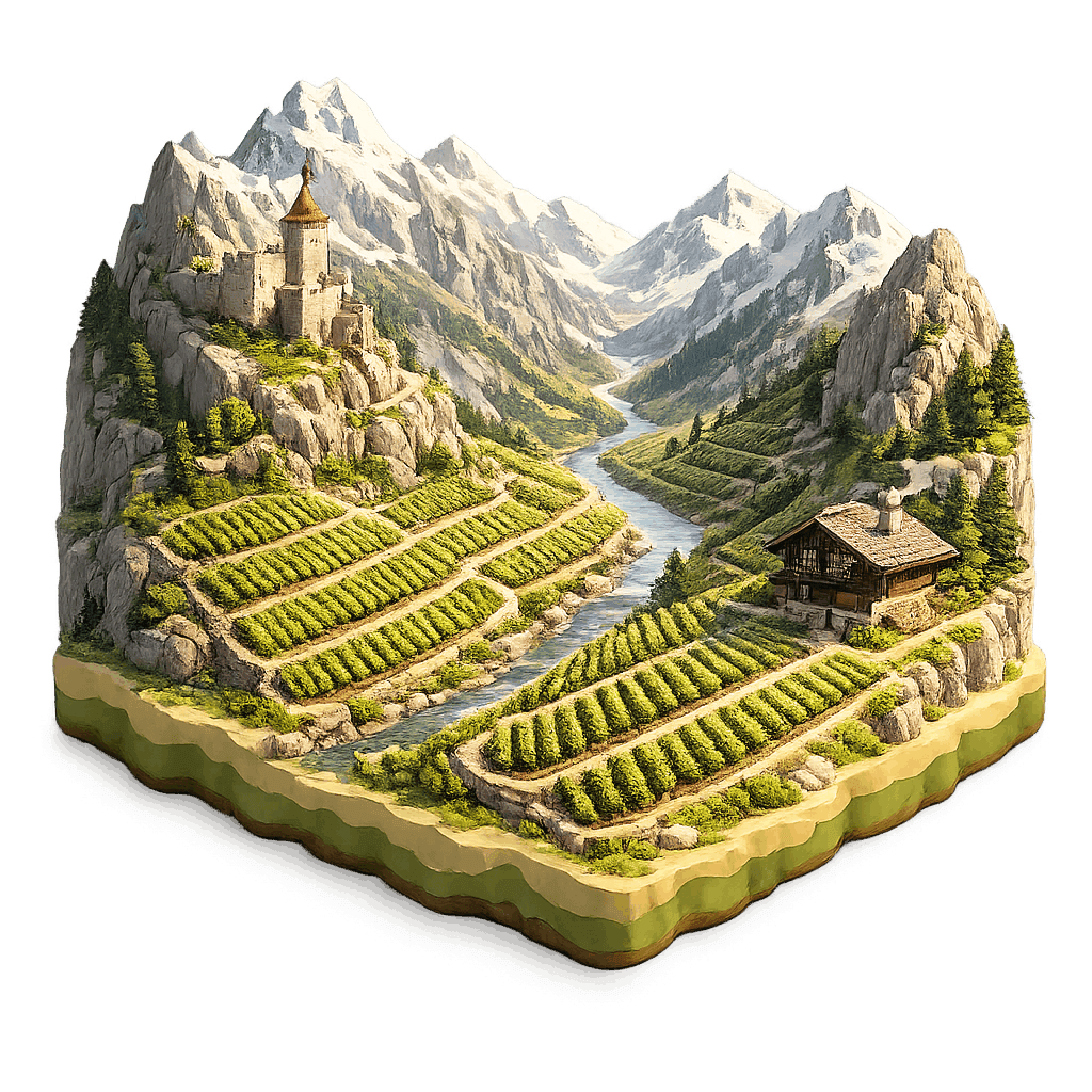 Artistic illustration of the Valais wine region.