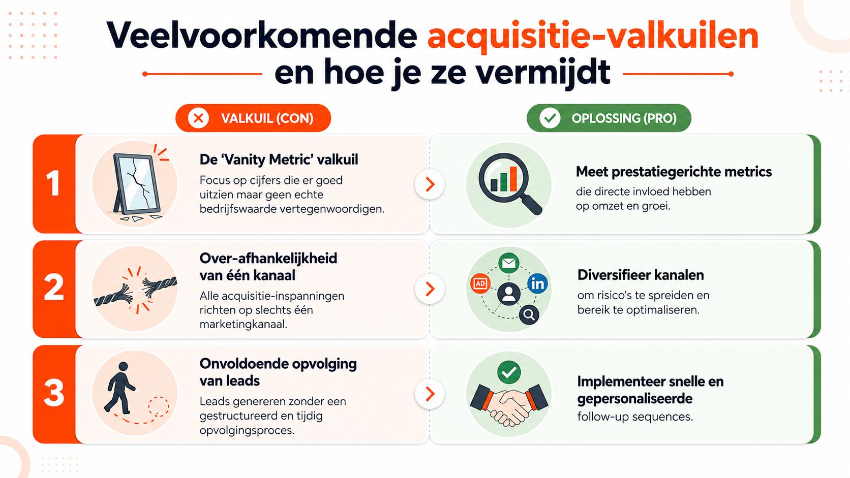 Een infographic met drie veelvoorkomende acquisitie-valkuilen en hun bijbehorende oplossingen voor effectieve bedrijfsgroei.