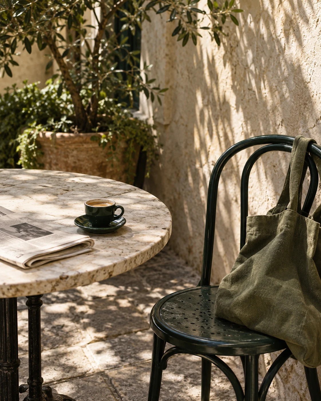 Coffee on a sunlit café table beside a chair and bag