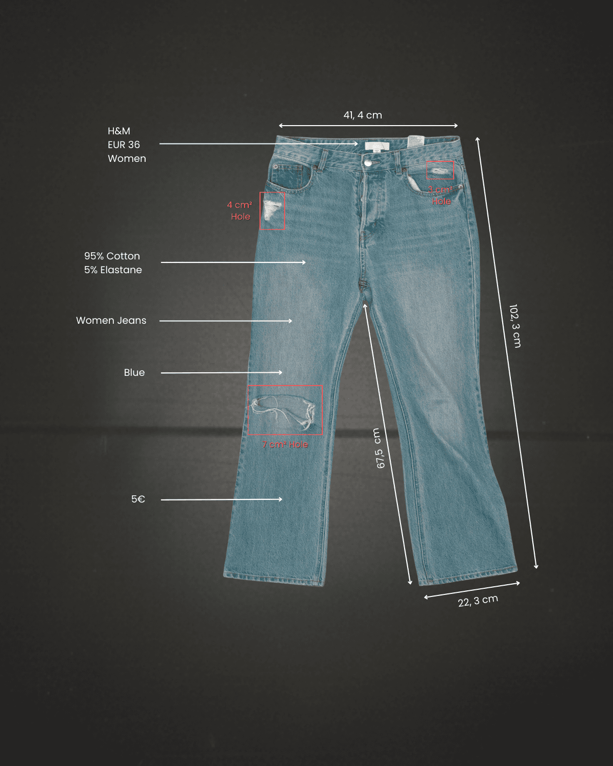 An automated product analysis of blue H&M women's jeans. The image features digital overlays including arrows pointing to attributes like brand, material (95% cotton, 5% elastane), and price (5€). Highlighted boxes identify fabric defects with precise measurements of 3, 4, and 7 cm², alongside technical lines showing waist, total length, and inseam measurements."