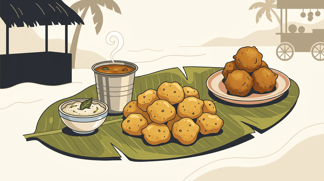 South Indian street food spread with punugulu, bonda, coconut chutney, and sambar on banana leaf