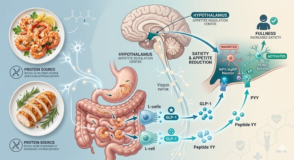 A detailed medical and nutrition infographic illustration mapping the gut-brain axis, showing raw shrimp and grilled chicken connected by neural pathways to a brain cross-section and digestive tract, with labeled molecular pathways for satiety hormones like GLP-1 and Peptide YY influencing hypothalamic fullness signals.