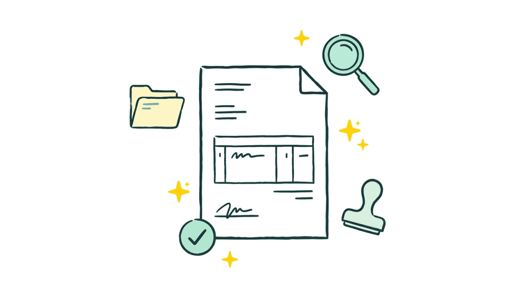 Illustration of a supplier invoice surrounded by icons representing automated processing steps: verification, validation, and filing