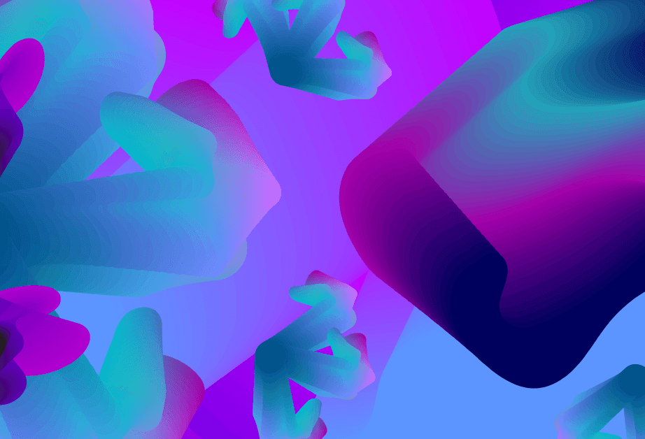 The image features abstract shapes in shades of blue, pink, and purple against a light blue background. The shapes resemble flowing fabric or ribbon-like forms, with some areas exhibiting gradient effects from light blue to pink and purple. The composition is abstract and does not depict any recognizable objects or text. The shapes are distributed across the image without a clear focal point.