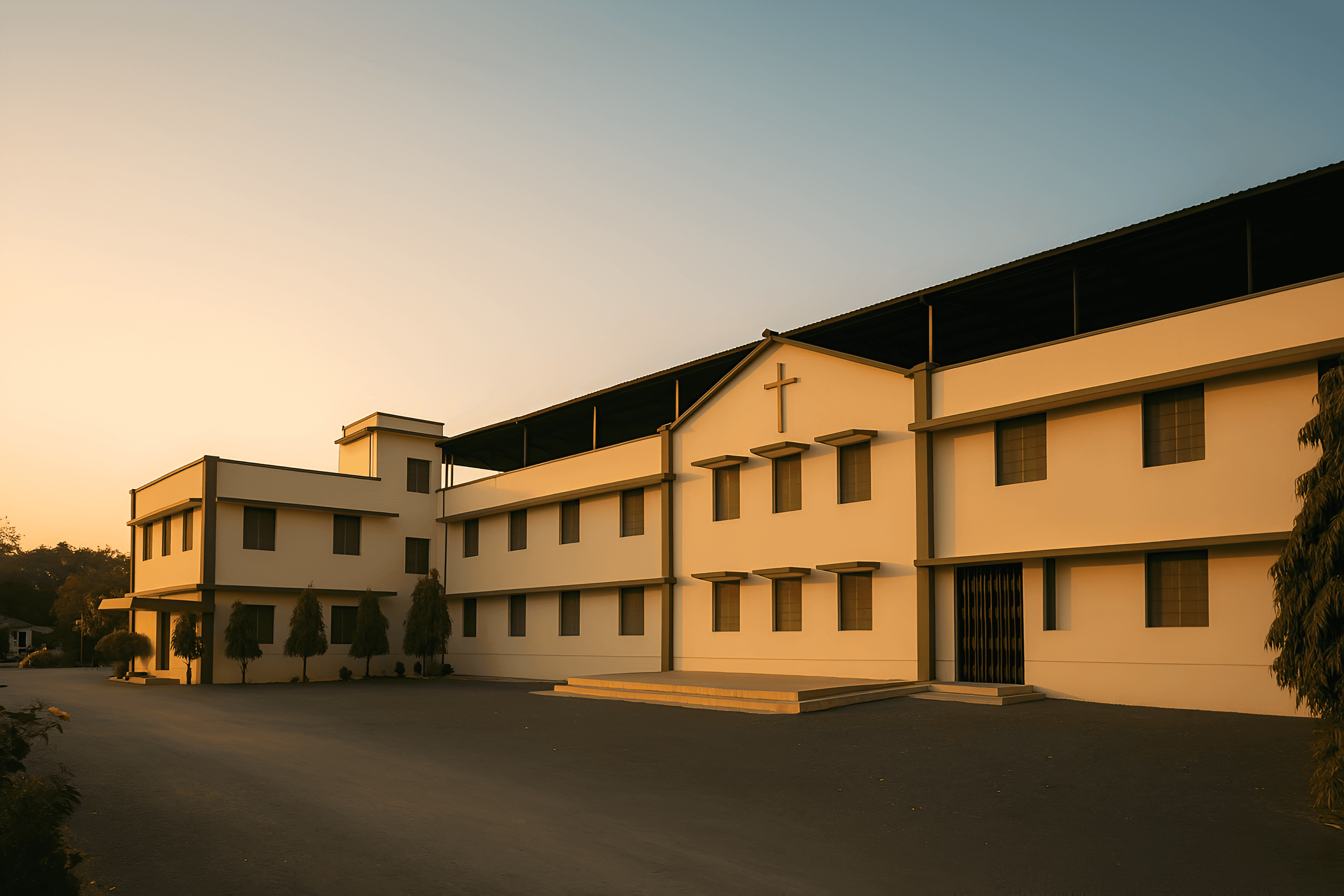 Maria Sadan, provincial house of the Sisters of Our Lady of the Garden in Indore, Madhya Pradesh — a two-story Christian building with a cross on the facade, serving as a center for charitable ministries including education, pastoral care, and social services. Located on Khandwa Road, this religious institution reflects the congregation’s charism of Vigilant Evangelical Charity and supports to People