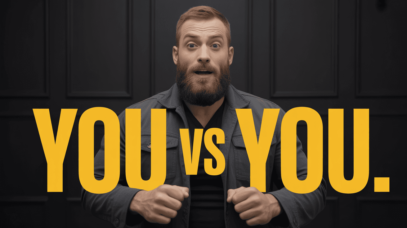 Alex Hormozi-style mindset advice thumbnail with intense portrait and giant YOU VS YOU text