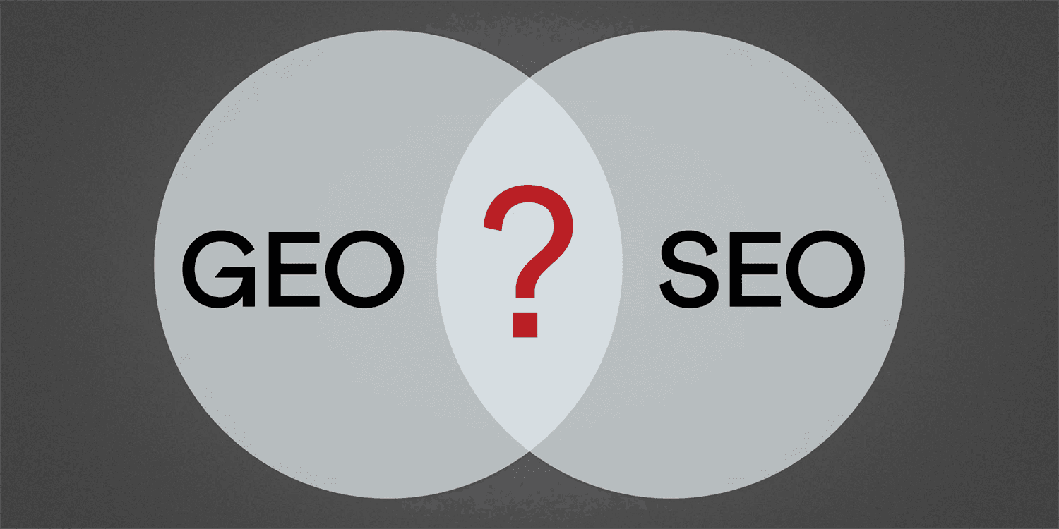 A venn diagram graphic comparing GEO and SEO with a question mark in the center.