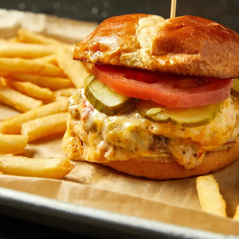 Pimento cheese burger with fries